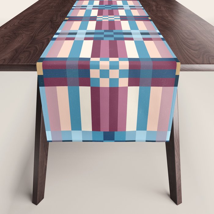 Woven Checks and Stripes Blue Burgundy Table Runner Gallery Image 1