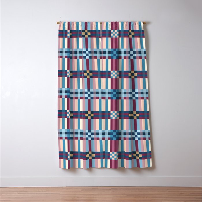 Woven Checks and Stripes Blue Burgundy Window Curtain Gallery Image 3