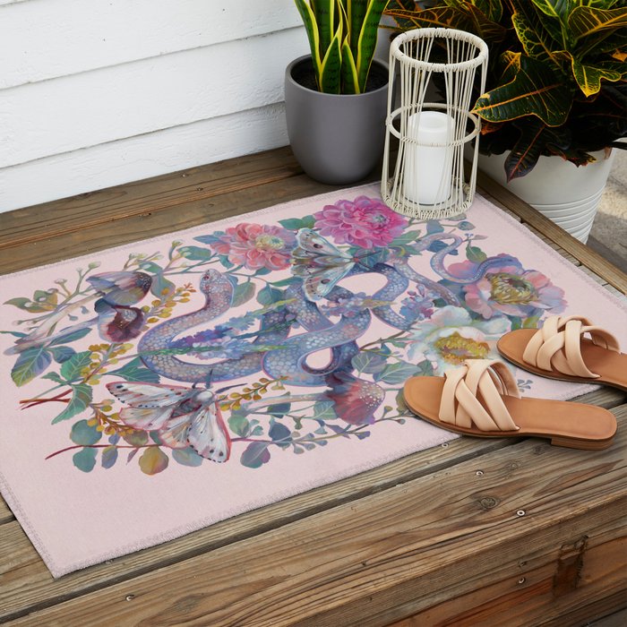 Pink Floral Garden Snake Outdoor Rug Gallery Image 2