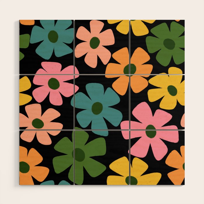 Retro Flower - Big Daisy Black background Wood Wall Art Gallery Image 1