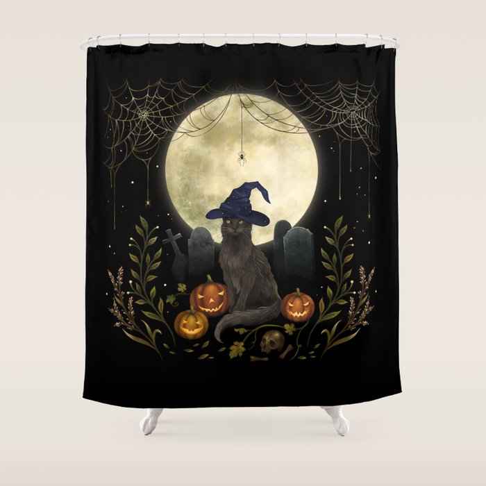 The Black Cat on Halloween Night Shower Curtain Gallery Image 1