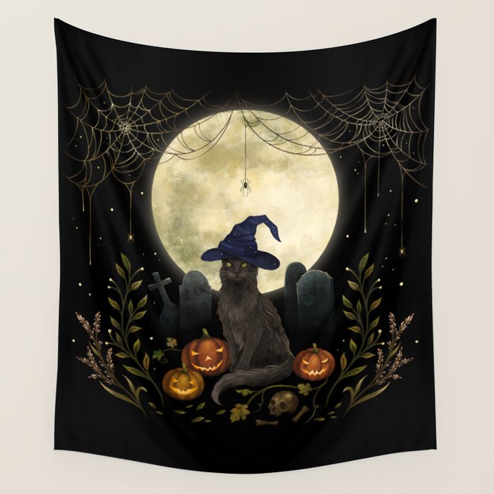 The Black Cat on Halloween Night Wall Tapestry Gallery Image 4