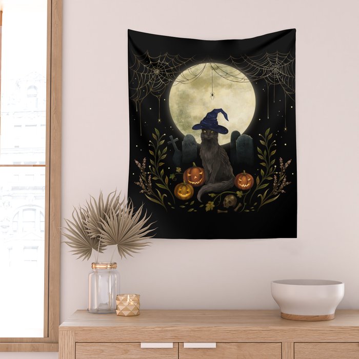 The Black Cat on Halloween Night Wall Tapestry Gallery Image 2