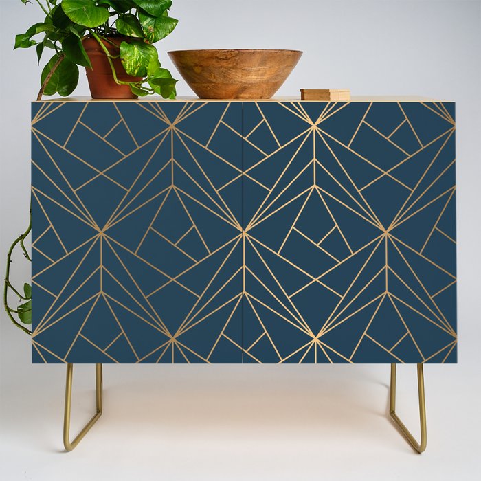 Benjamin Moore Hidden Sapphire Gold Geometric Pattern With White Shimmer Credenza Gallery Image 1