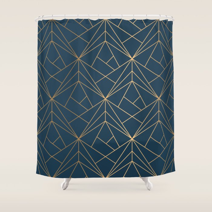 Benjamin Moore Hidden Sapphire Gold Geometric Pattern With White Shimmer Shower Curtain Gallery Image 1