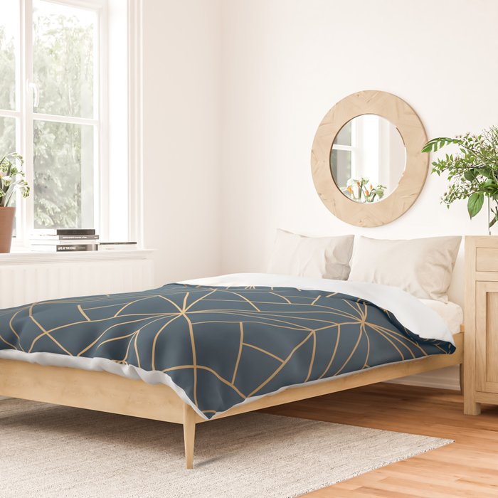 Benjamin Moore Hidden Sapphire Gold Geometric Pattern With White Shimmer Duvet Cover Gallery Image 2