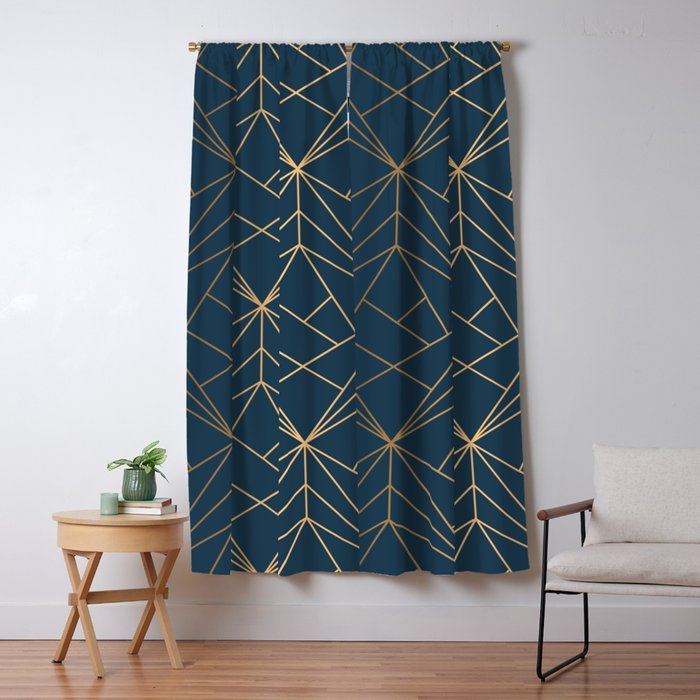 Benjamin Moore Hidden Sapphire Gold Geometric Pattern With White Shimmer Window Curtain Gallery Image 1