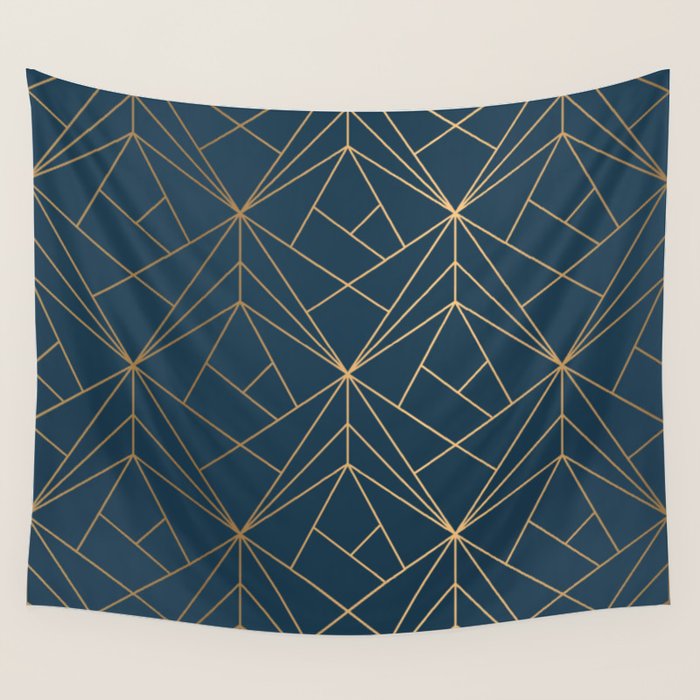 Benjamin Moore Hidden Sapphire Gold Geometric Pattern With White Shimmer Wall Tapestry Gallery Image 4