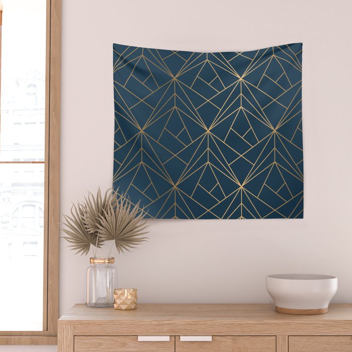 Benjamin Moore Hidden Sapphire Gold Geometric Pattern With White Shimmer Wall Tapestry Gallery Image 2