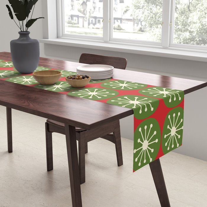 Retro Christmas Atomic Dots Mid Century Modern Xmas Pattern on Red Table Runner Gallery Image 2