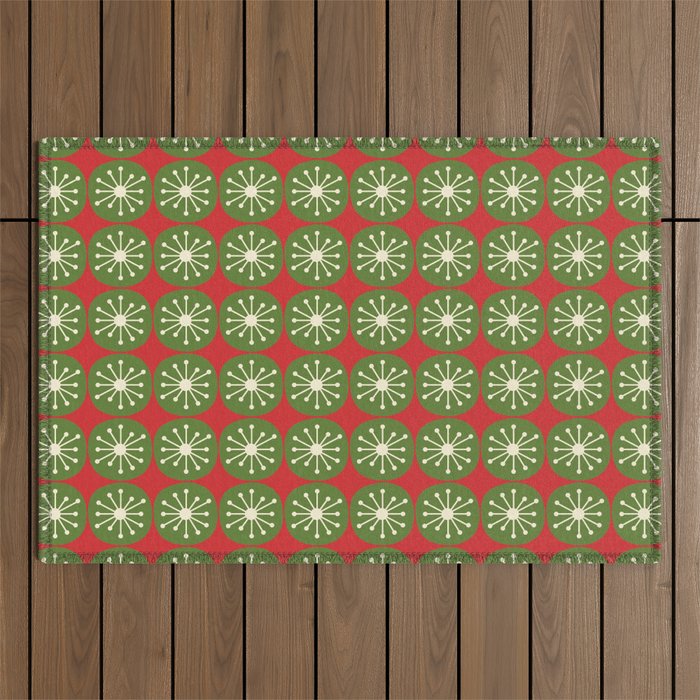 Retro Christmas Atomic Dots Mid Century Modern Xmas Pattern on Red Outdoor Rug Gallery Image 1