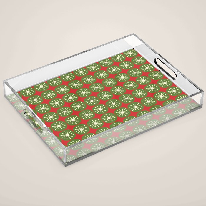 Retro Christmas Atomic Dots Mid Century Modern Xmas Pattern on Red Acrylic Tray Gallery Image 1