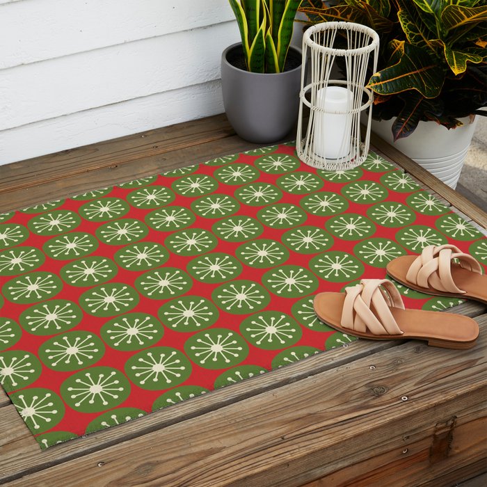 Retro Christmas Atomic Dots Mid Century Modern Xmas Pattern on Red Outdoor Rug Gallery Image 2
