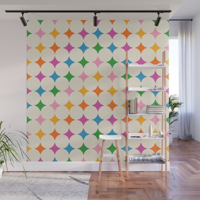 Retro Rainbow Starburst Grid - Playful Geometric on Cream Background Wall Mural Gallery Image 1