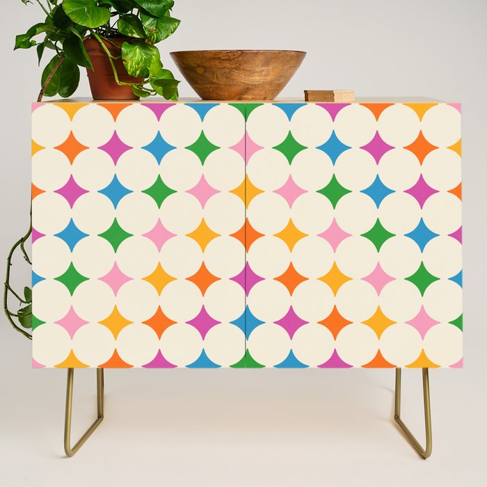 Retro Rainbow Starburst Grid - Playful Geometric on Cream Background Credenza Gallery Image 1