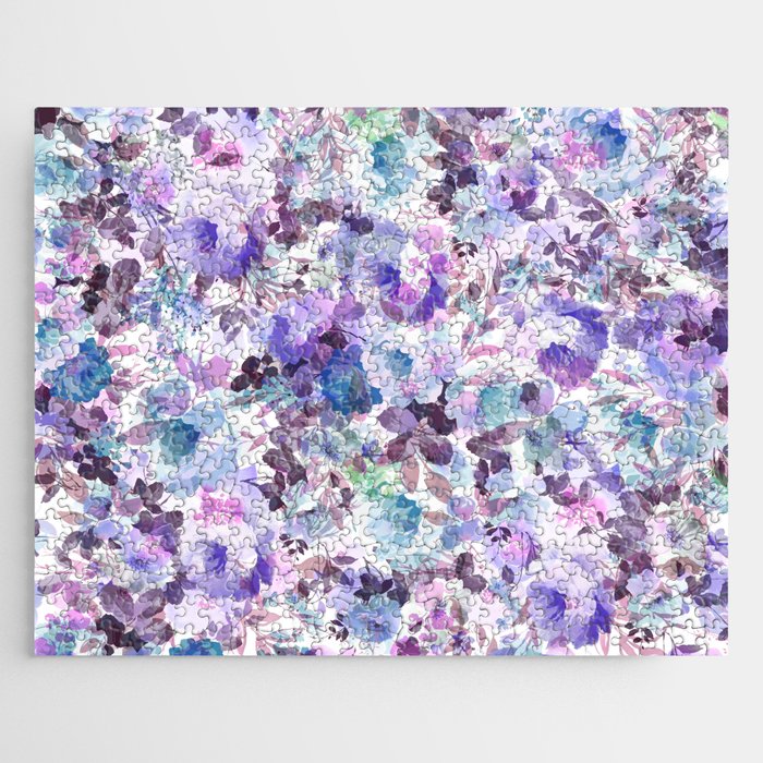 Vintage style lavender pink teal purple watercolor roses Jigsaw Puzzle