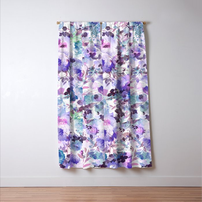 Vintage style lavender pink teal purple watercolor roses Window Curtain Gallery Image 3