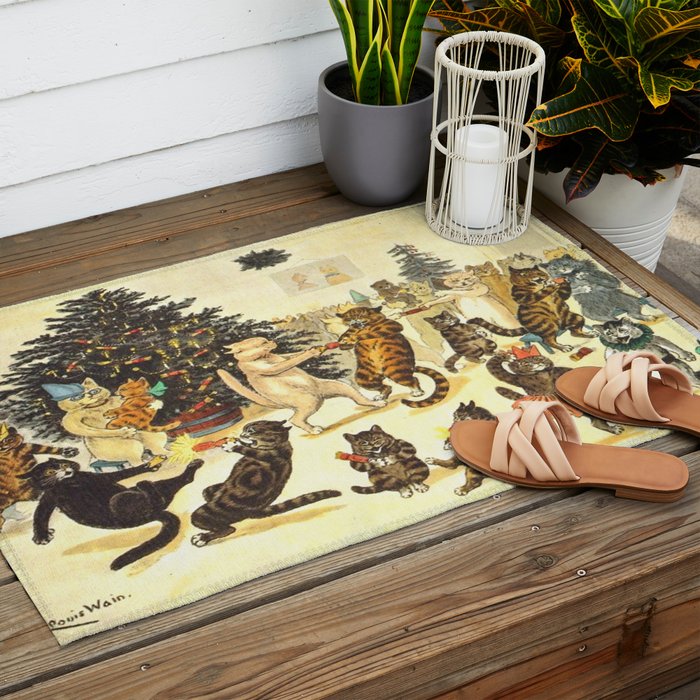 'Christmas Party Cats' by Louis Wain Vintage Cat Art Outdoor Rug Gallery Image 2