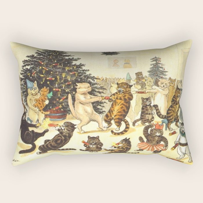 'Christmas Party Cats' by Louis Wain Vintage Cat Art Rectangular Pillow Gallery Image 1