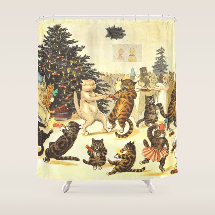'Christmas Party Cats' by Louis Wain Vintage Cat Art Shower Curtain Gallery Image 1