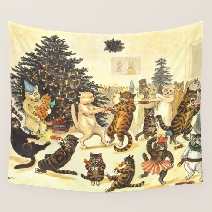 'Christmas Party Cats' by Louis Wain Vintage Cat Art Wall Tapestry Gallery Image 1
