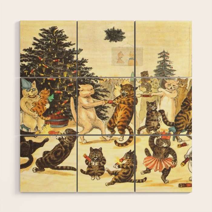 'Christmas Party Cats' by Louis Wain Vintage Cat Art Wood Wall Art Gallery Image 1