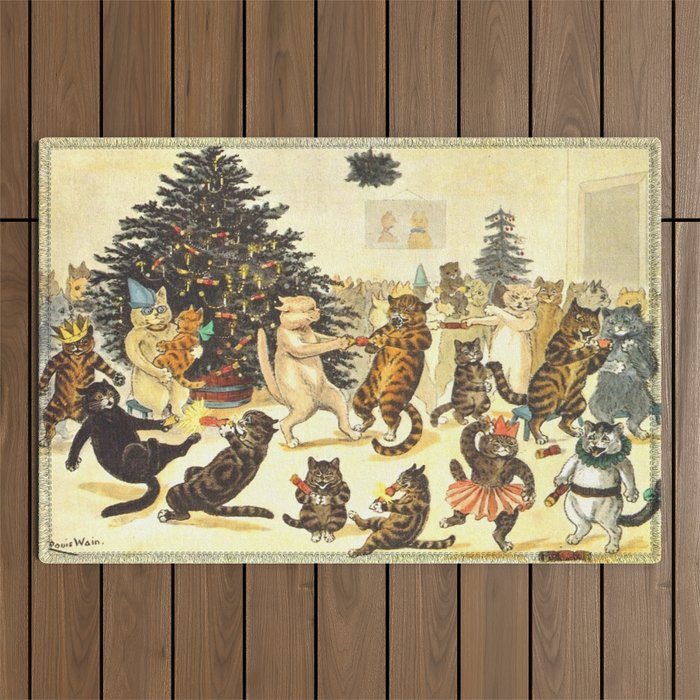 'Christmas Party Cats' by Louis Wain Vintage Cat Art Outdoor Rug Gallery Image 1