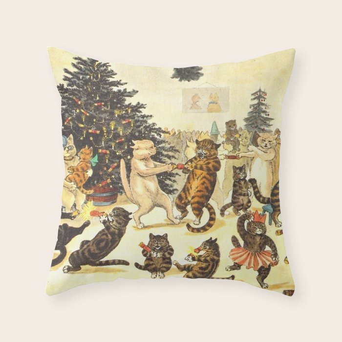 'Christmas Party Cats' by Louis Wain Vintage Cat Art Throw Pillow Gallery Image 6