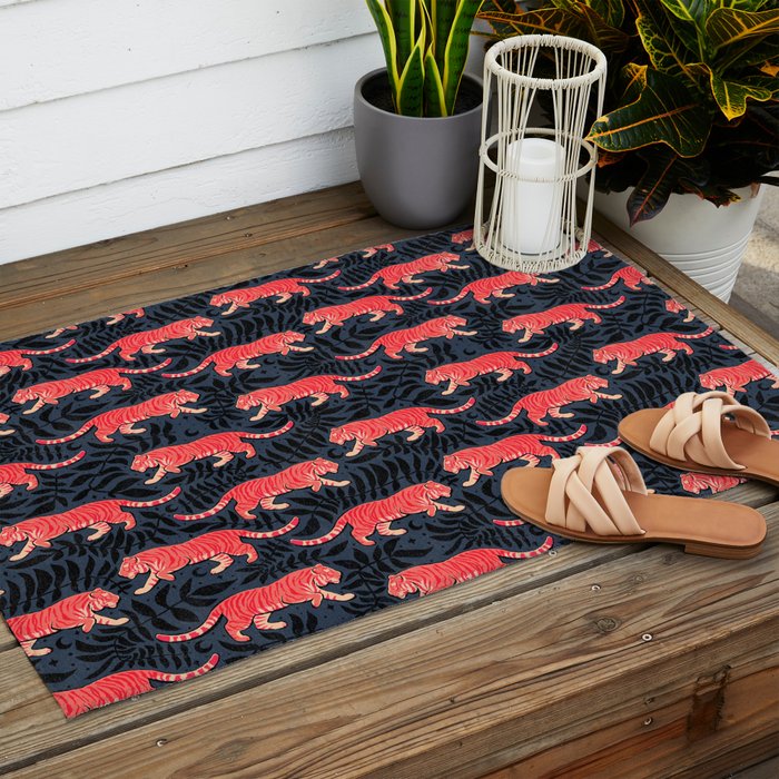 Tigers - coral and midnight  Outdoor Rug Gallery Image 2