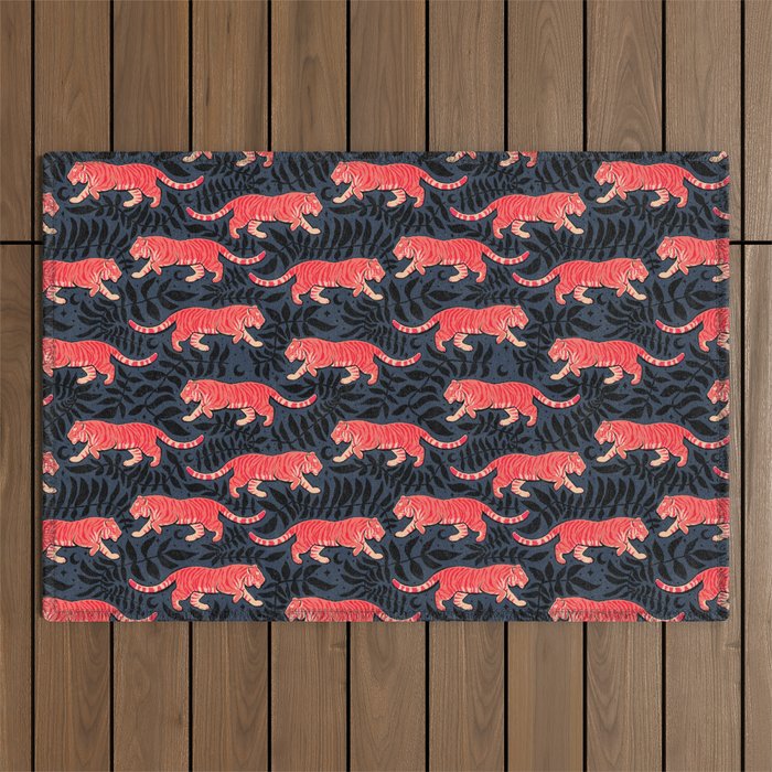 Tigers - coral and midnight  Outdoor Rug Gallery Image 1