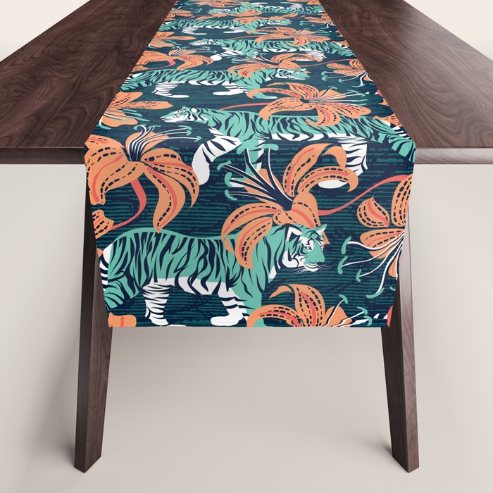 Tigers in a tiger lily garden // textured navy blue background spearmint green wild animals papaya orange flowers Table Runner Gallery Image 1