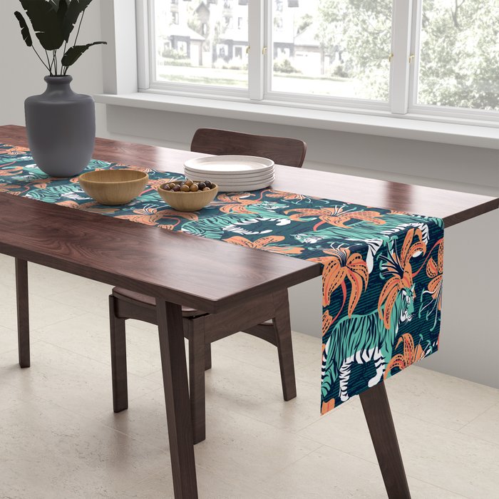 Tigers in a tiger lily garden // textured navy blue background spearmint green wild animals papaya orange flowers Table Runner Gallery Image 2