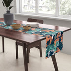 Tigers in a tiger lily garden // textured navy blue background spearmint green wild animals papaya orange flowers Table Runner Gallery Image 2