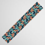 Tigers in a tiger lily garden // textured navy blue background spearmint green wild animals papaya orange flowers Table Runner Gallery Image 3
