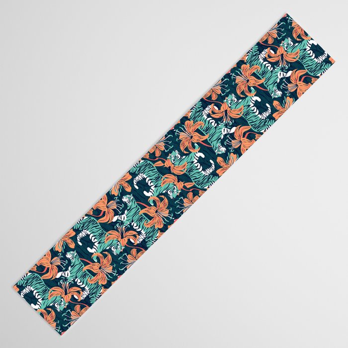 Tigers in a tiger lily garden // textured navy blue background spearmint green wild animals papaya orange flowers Table Runner Gallery Image 3