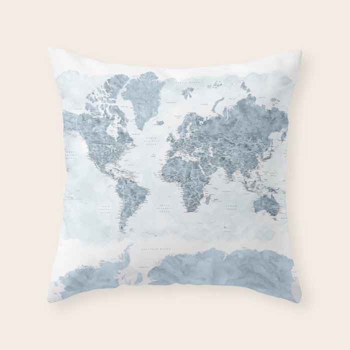 Steel watercolor detailed world map Raul Throw Pillow Gallery Image 6