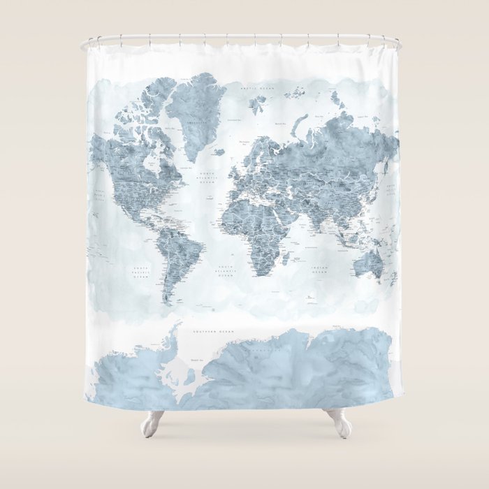 Steel watercolor detailed world map Raul Shower Curtain Gallery Image 1