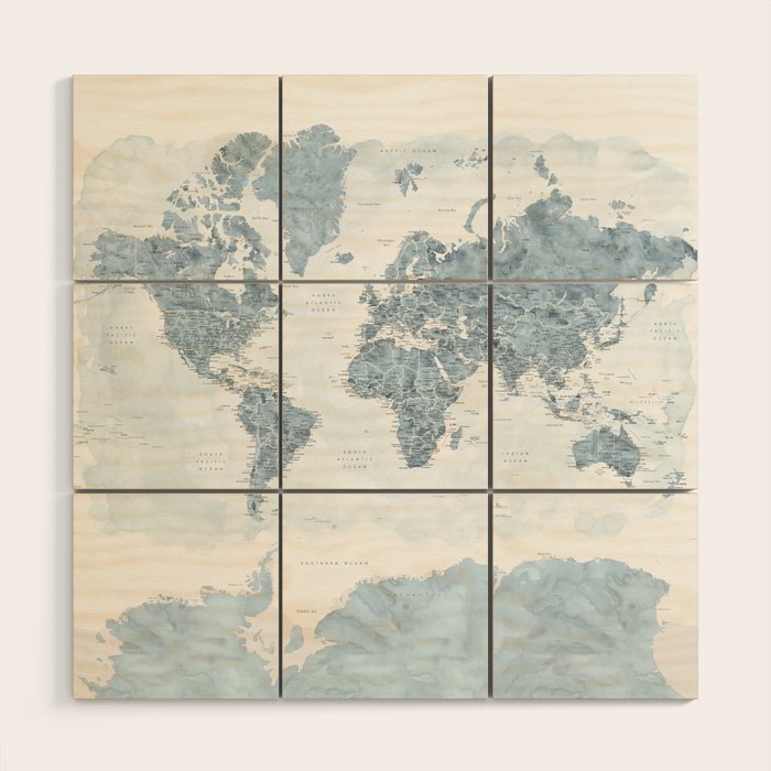 Steel watercolor detailed world map Raul Wood Wall Art Gallery Image 1