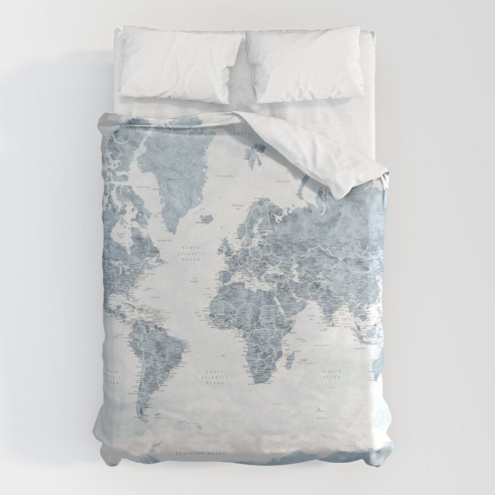 Steel watercolor detailed world map Raul Duvet Cover Gallery Image 1
