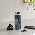 Mid Century Modern Geometric 83 in Navy Blue and Orange (Rainbow and Sun Abstraction) Water Bottle Gallery Image 4