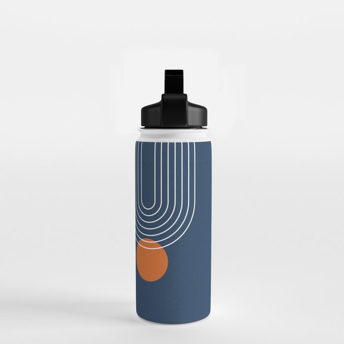 Mid Century Modern Geometric 83 in Navy Blue and Orange (Rainbow and Sun Abstraction) Water Bottle Gallery Image 2