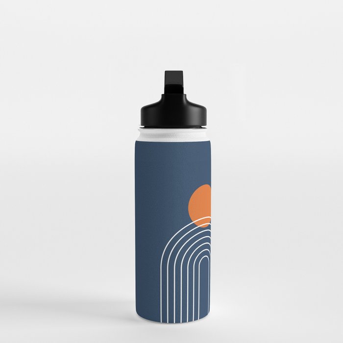 Mid Century Modern Geometric 83 in Navy Blue and Orange (Rainbow and Sun Abstraction) Water Bottle Gallery Image 3