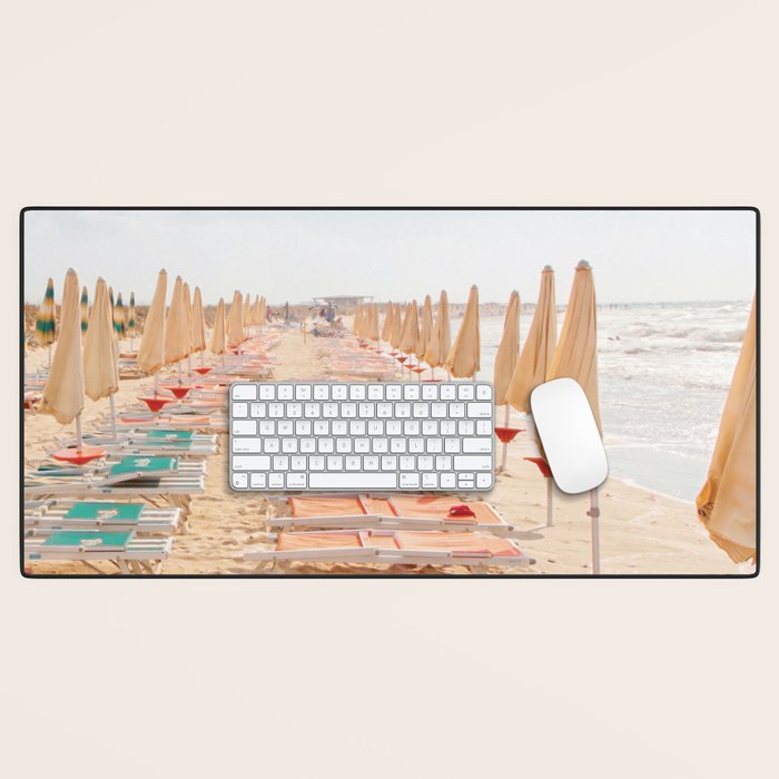 Puglia Loungers | Italy Travel Photography | Pastel Minimalist Beach Photo Desk Mat Gallery Image 1