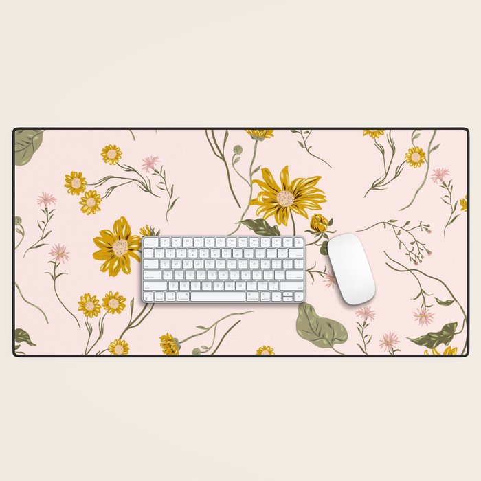 seamless pattern with small flowers on a pink background Desk Mat Gallery Image 1