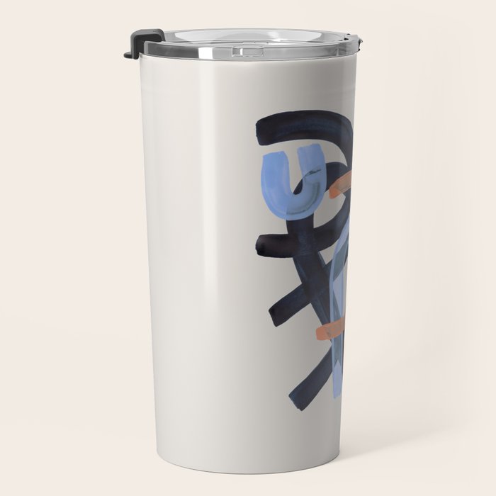 Midcentury Modern Minimalist Funky Cool Tribal Pattern Paynes Grey Pastel Blue Tan Shapes by Ejaaz Haniff Travel Mug Gallery Image 3