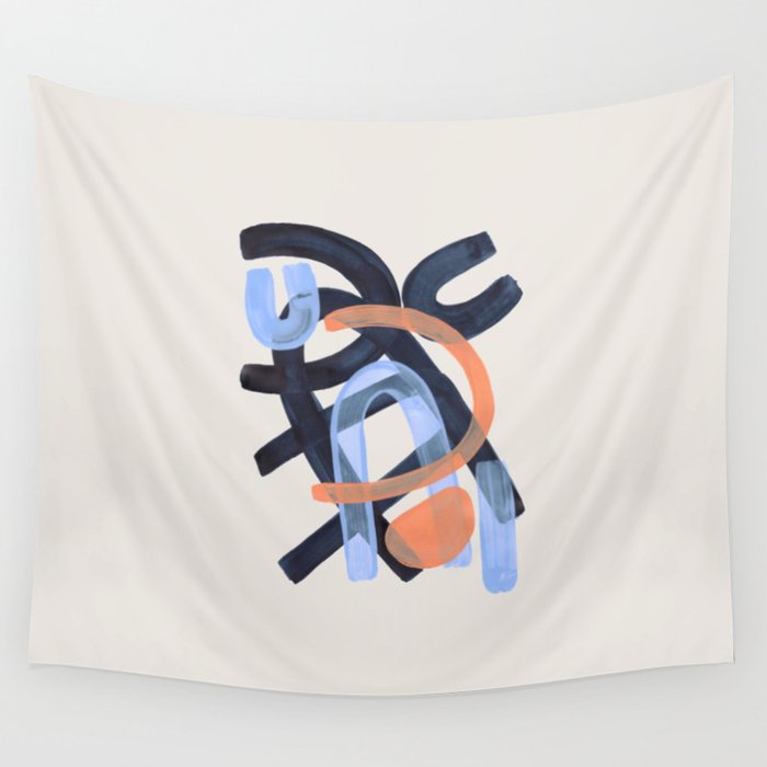 Midcentury Modern Minimalist Funky Cool Tribal Pattern Paynes Grey Pastel Blue Tan Shapes by Ejaaz Haniff Wall Tapestry Gallery Image 4