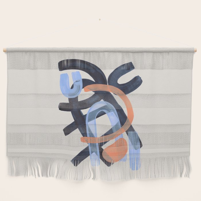 Midcentury Modern Minimalist Funky Cool Tribal Pattern Paynes Grey Pastel Blue Tan Shapes by Ejaaz Haniff Wall Hanging Gallery Image 1