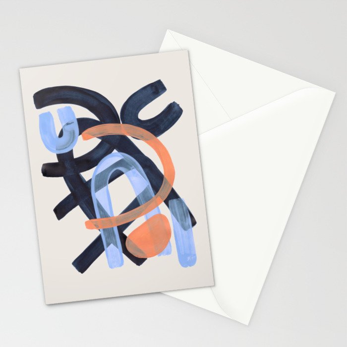 Midcentury Modern Minimalist Funky Cool Tribal Pattern Paynes Grey Pastel Blue Tan Shapes by Ejaaz Haniff Stationery Card Gallery Image 2