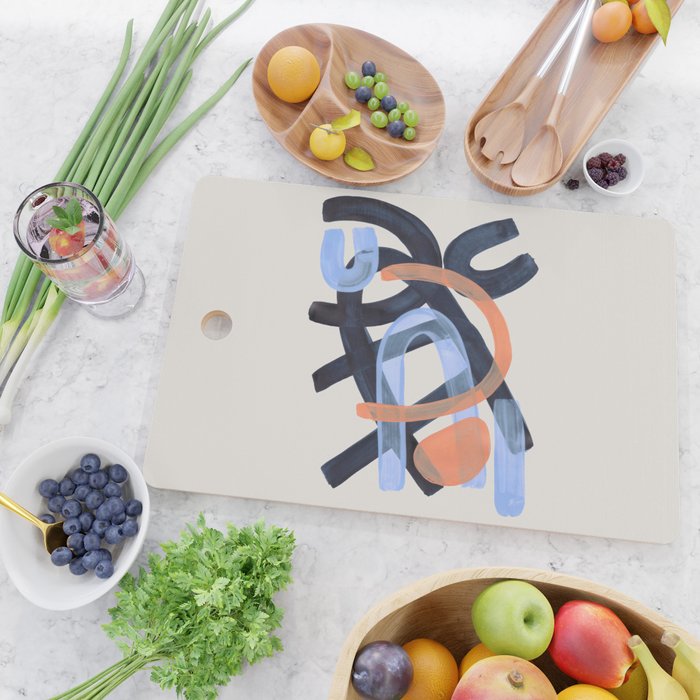 Midcentury Modern Minimalist Funky Cool Tribal Pattern Paynes Grey Pastel Blue Tan Shapes by Ejaaz Haniff Cutting Board Gallery Image 2