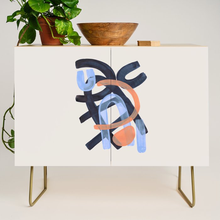 Midcentury Modern Minimalist Funky Cool Tribal Pattern Paynes Grey Pastel Blue Tan Shapes by Ejaaz Haniff Credenza Gallery Image 1